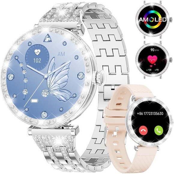 ✨ Lige Smart Watch Women Silver Compatible Android iPhone Diamond 2 Straps Watch - Picture 1 of 8